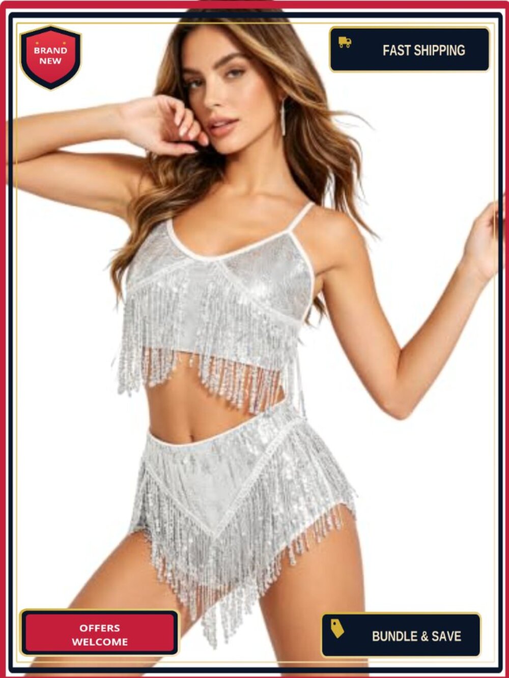 Sequin Fringe 2 Piece Crop Top and Shorts Set Festival Rave Dance Costume